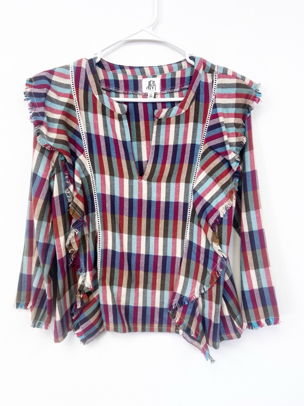 S Anthropologie Designer DRA LA Kelsey Boho Multicolor Plaid Ruffle-Trim Blouse